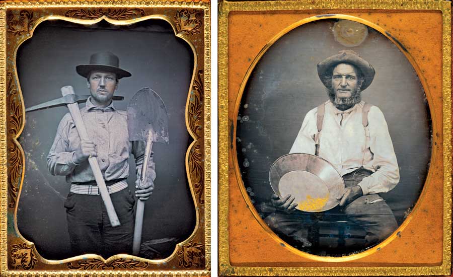 Left: A California gold miner with his pickaxe and shovel.  Right: Portrait of a California miner with a gold pan, c.1852.  All images from the exhibition 'Golden Prospects: California Gold Rush Daguerreotypes'.  Courtesy of the Nelson-Atkins Museum of Art, Kansas City, Missouri.